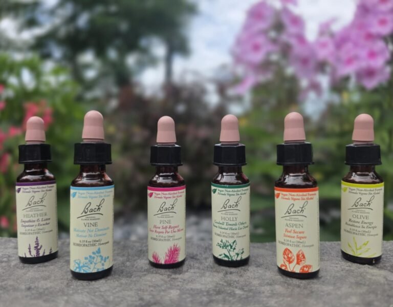 Six flower remedies for beginners displayed with a soft, natural background of trees and flowers, highlighting gentle emotional support through natural remedies.